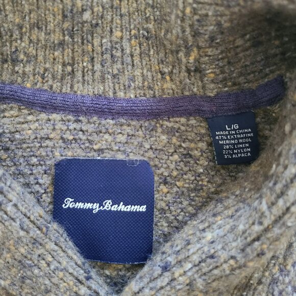 Tommy Bahama Shawl Collar Merino Wool Linen Blend Sweater L Boxy Fit Gray Brown - Picture 3 of 8